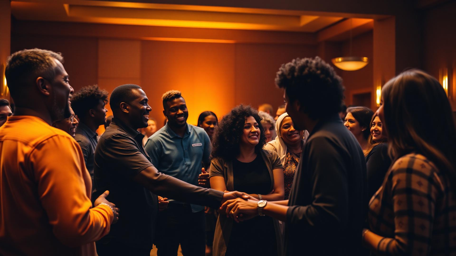 Members of the LAW community laughing and shaking hands in a golden-lit hall