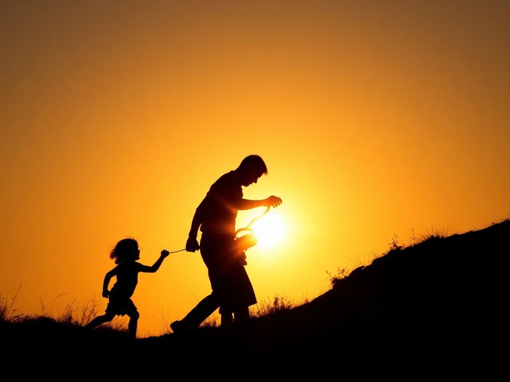 A father helping his child up a hill at sunset