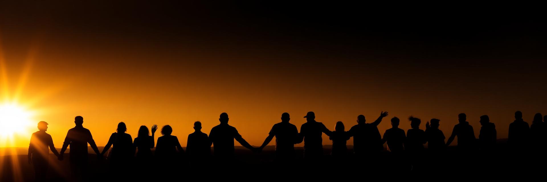 Community holding hands at sunrise